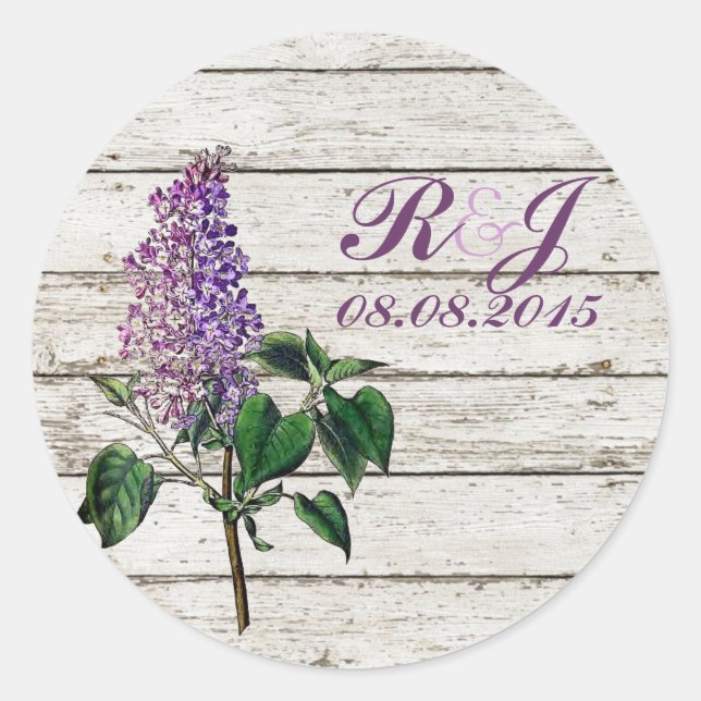 country whitewashed barn wood purple lilac wedding classic round sticker (Front)