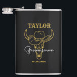 Country Wild West Cowboy Personalized Groomsmen Flask<br><div class="desc">Personalized gifts for groomsmen with old western cowboy theme. Decorated with cowboy hat with vintage western font. Text and background color are editable using the Design Tool to fit your occasion. Get this customize gift for wedding,  bachelor party,  engagement party or any other special occasions.</div>