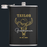 Country Wild West Cowboy Personalized Groomsmen Flask<br><div class="desc">Personalized gifts for groomsmen with old western cowboy theme. Decorated with cowboy hat with vintage western font. Text and background color are editable using the Design Tool to fit your occasion. Get this customize gift for wedding,  bachelor party,  engagement party or any other special occasions.</div>
