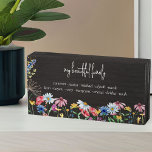 Country Wildflower Beautiful Family with Names Wooden Box Sign<br><div class="desc">Country wildflower wooden box sign personalized with your custom text, such as "my beautiful family" and the first names of your kids, in-laws and/or grandchildren. The design features watercolor country wild flowers including poppy, daisy, cornflower, coneflower, clover and seedhead. It is lettered with casual modern script and classic typography. Feel...</div>