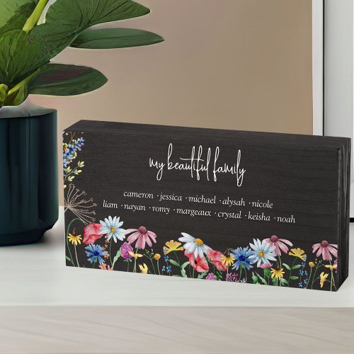 Country Wildflower Beautiful Family with Names Wooden Box Sign