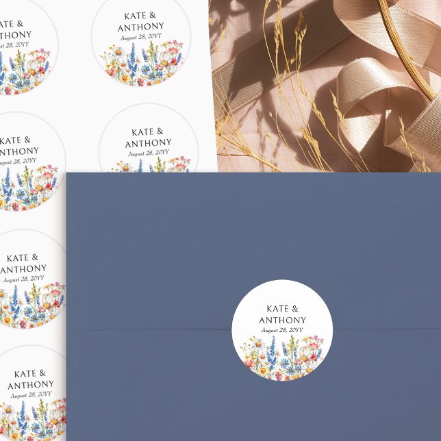 Country Wildflower Pretty Floral Wedding Classic Round Sticker (Envelope seals / favor stickers from the Country Wildflower wedding collection by Darling & May)