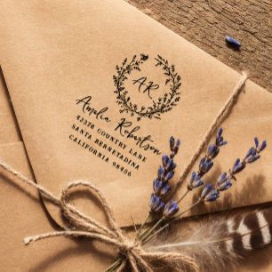 Country Wildflowers & Bee Monogram Rustic Address Rubber Stamp