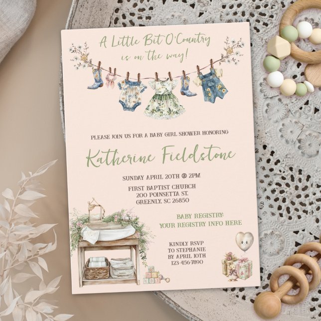 Country Wildflowers Clothesline Baby Girl Shower Invitation (Creator Uploaded)