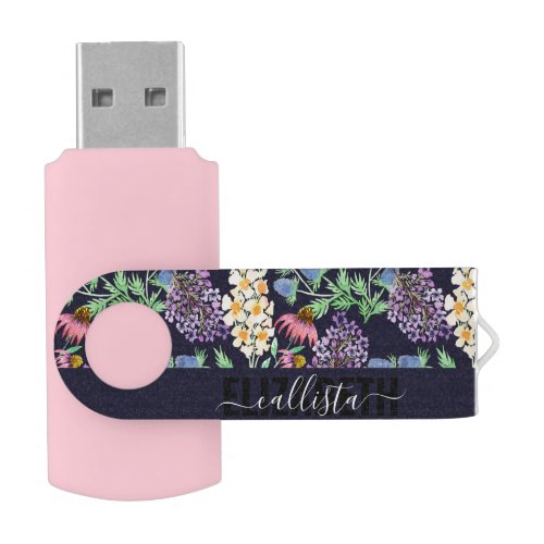 Country Wildflowers Floral Watercolor Monogram Flash Drive