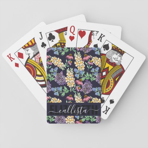 Country Wildflowers Floral Watercolor Monogram Poker Cards