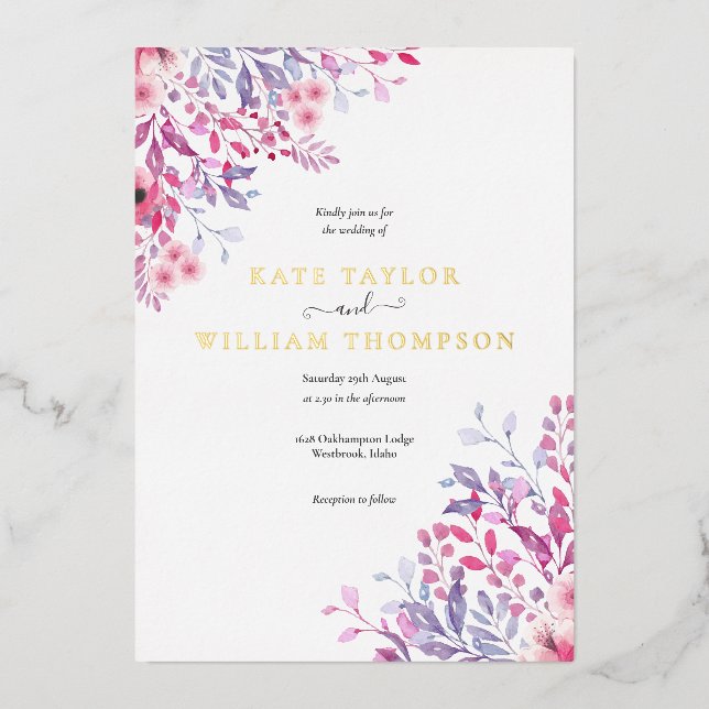 Country Wildflowers Floral Wedding Gold Foil Invitation (Front)