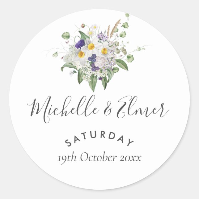Country Wildflowers Greenery Posy Wedding Favor Classic Round Sticker (Front)
