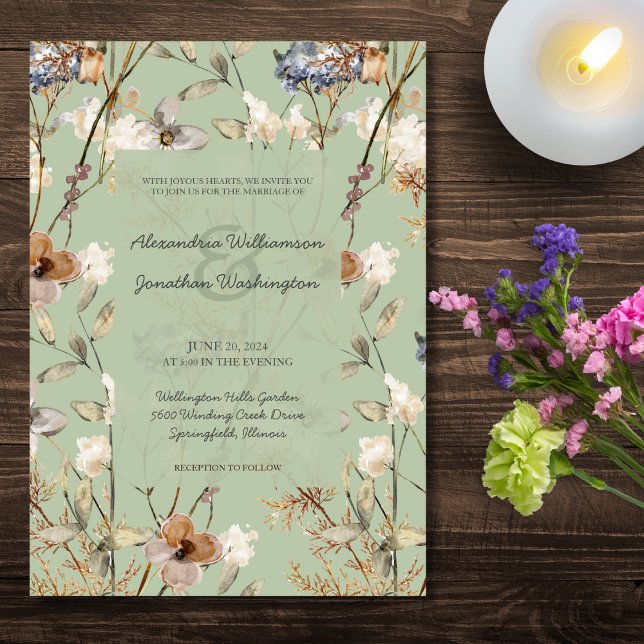 Country Wildflowers on Sage Green Wedding  Invitation (Creator Uploaded)