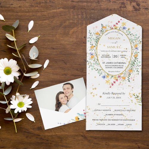 Country Wildflowers Oval Frame Photo Wedding All In One Invitation