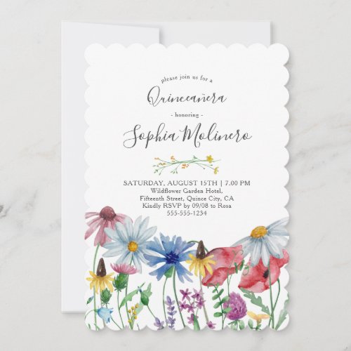 Country Wildflowers Pretty Watercolor Quinceanera Invitation