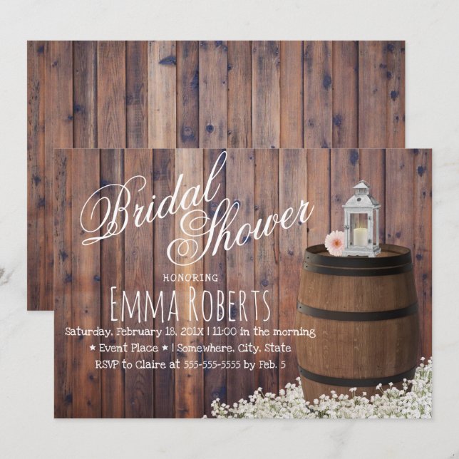 Country Wine Barrel & Lantern Floral Bridal Shower Invitation (Front/Back)