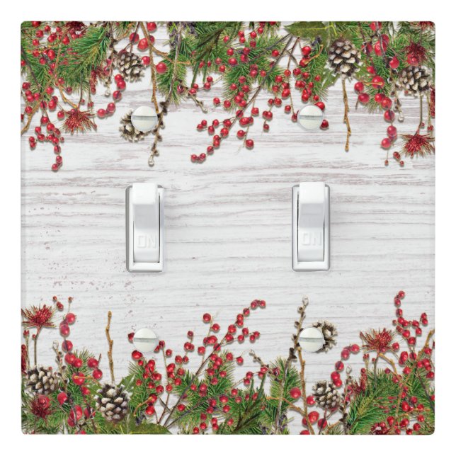 Country Winter Holiday Berries & Pine Cone Elegant Light Switch Cover (In Situ)