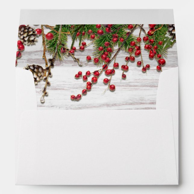 Country Winter Holiday Berries & Pine Cone Wedding Envelope (Back (Bottom))