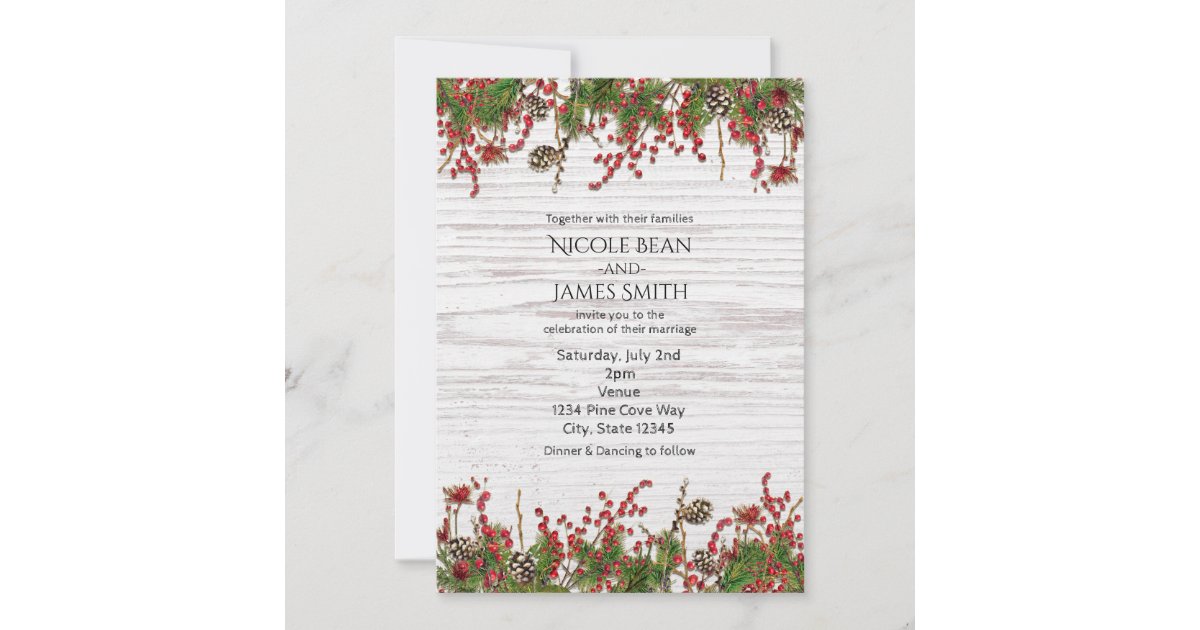 Country Winter Holiday Berries & Pine Cone Wedding Invitation | Zazzle
