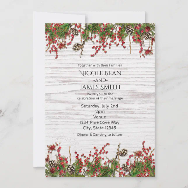Country Winter Holiday Berries & Pine Cone Wedding Invitation | Zazzle