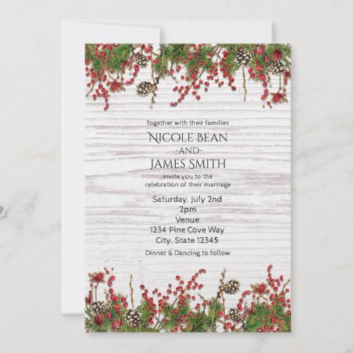Country Winter Holiday Berries  Pine Cone Wedding Invitation