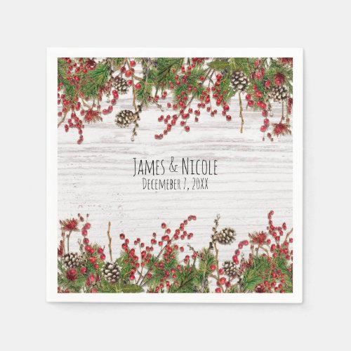 Country Winter Holiday Berries  Pine Cone Wedding Paper Napkins