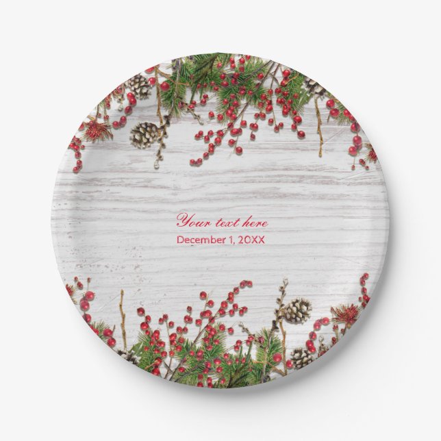 Country Winter Holiday Berries & Pine Cone Wedding Paper Plates (Front)
