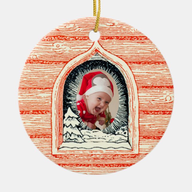 Country Winter Log Cabin Christmas Photo Ceramic Ornament (Front)