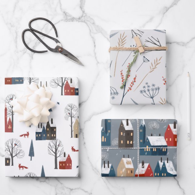 Country Winter Scenes, Antique Homes, Botanicals Wrapping Paper Sheets (Front)
