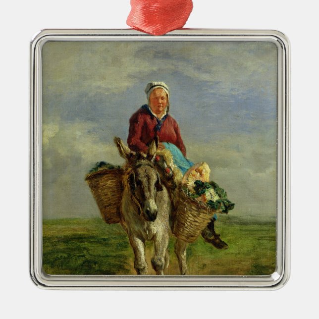 Country Woman Riding a Donkey Metal Ornament (Front)