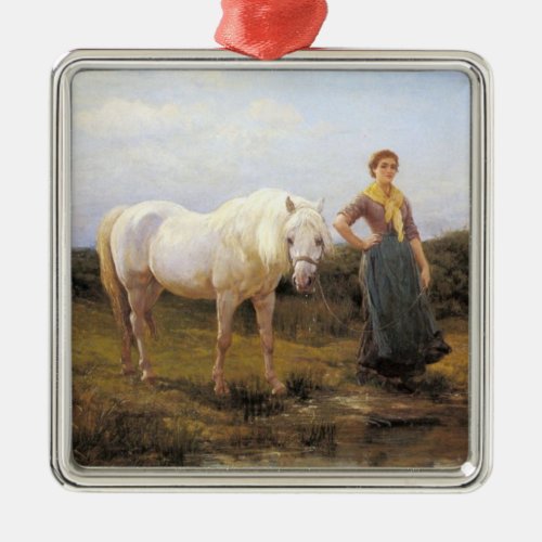 Country Woman Taking a Horse to Water Metal Ornament