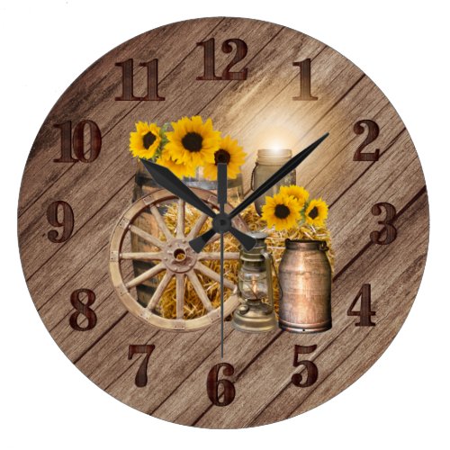 Country Wood Barrel and Sunflowers Large Clock