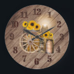 Country Wood Barrel and Sunflowers Large Clock<br><div class="desc">⭐⭐⭐⭐⭐ 5 Star Review. 🥇AN ORIGINAL ART DESIGN by Donna Siegrist ONLY AVAILABLE ON ZAZZLE! Country Wood Barrel and Sunflowers. Makes a great accent piece for your country kitchen, dining room, bar room, etc... ✔Note: Not all template areas need changed. 📌If you need further customization, please click the "Click to...</div>