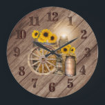 Country Wood Barrel and Sunflowers Large Clock<br><div class="desc">⭐⭐⭐⭐⭐ 5 Star Review. 🥇AN ORIGINAL ART DESIGN by Donna Siegrist ONLY AVAILABLE ON ZAZZLE! Country Wood Barrel and Sunflowers. Makes a great accent piece for your country kitchen, dining room, bar room, etc... ✔Note: Not all template areas need changed. 📌If you need further customization, please click the "Click to...</div>