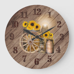 Country Wood Barrel and Sunflowers Large Clock