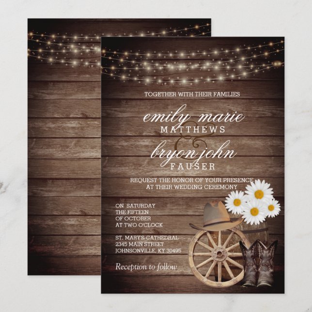 Country Wood Barrel Wedding with Daisy Flowers Invitation (Front/Back)