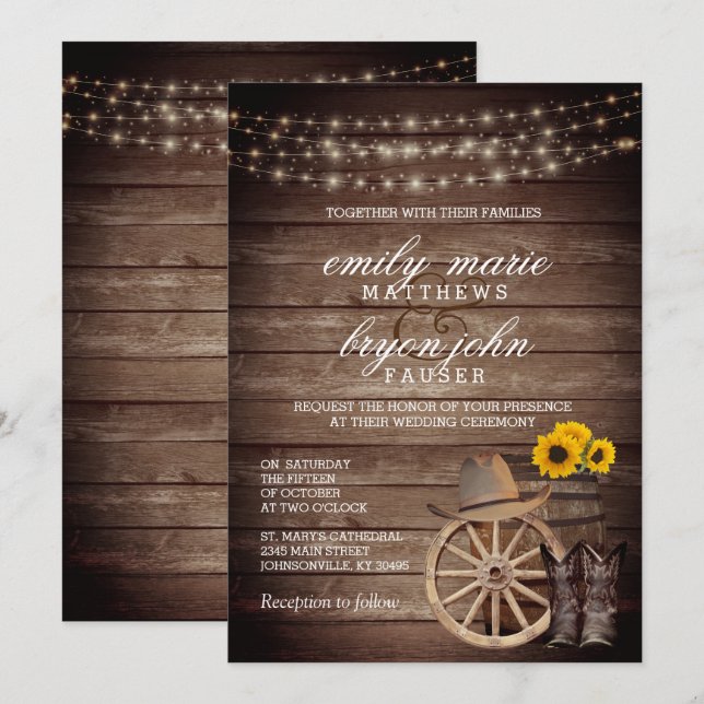 Country Wood Barrel Wedding with Sunflowers Invitation (Front/Back)