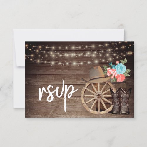 Country Wood Barrel with Teal and Coral Floral RSV RSVP Card