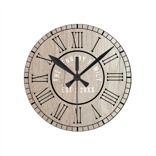 Country Wood Black Roman Numerals Family Name Round Clock