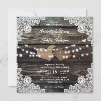 Country Wood Burlap Hearts Floral Lace Wedding Invitation