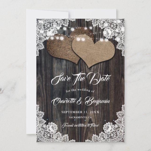 Country Wood Burlap Hearts Floral Lace Wedding Save The Date (Front)