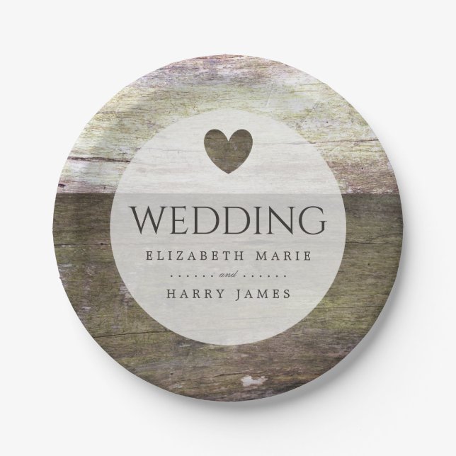 Country Wood Heart Wedding Paper Plates (Front)