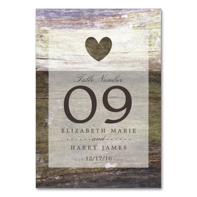 Country Wood Heart Wedding Table Number (Front)