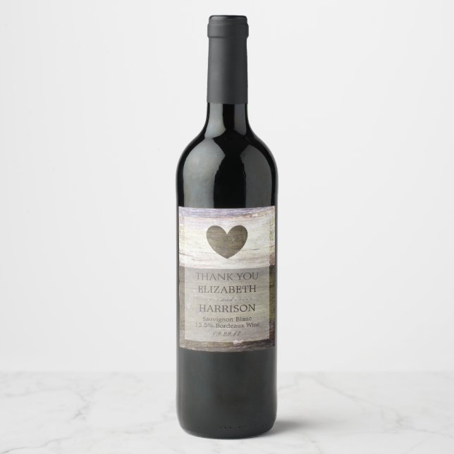 Country Wood Heart Wedding Wine Label (Front)
