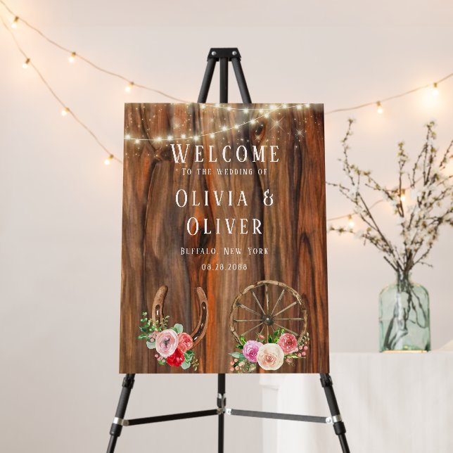 Country Wood Horseshoe Wheel Wedding Welcome Sign (In Situ (Stand))