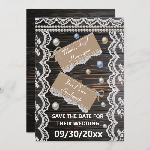 Country Wood Lace  Pearls Save the date Invitati Invitation