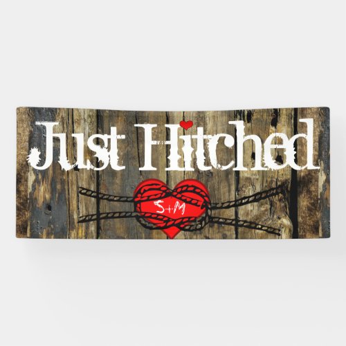 Country Wood Lights Just Hitched Heart Knot Banner