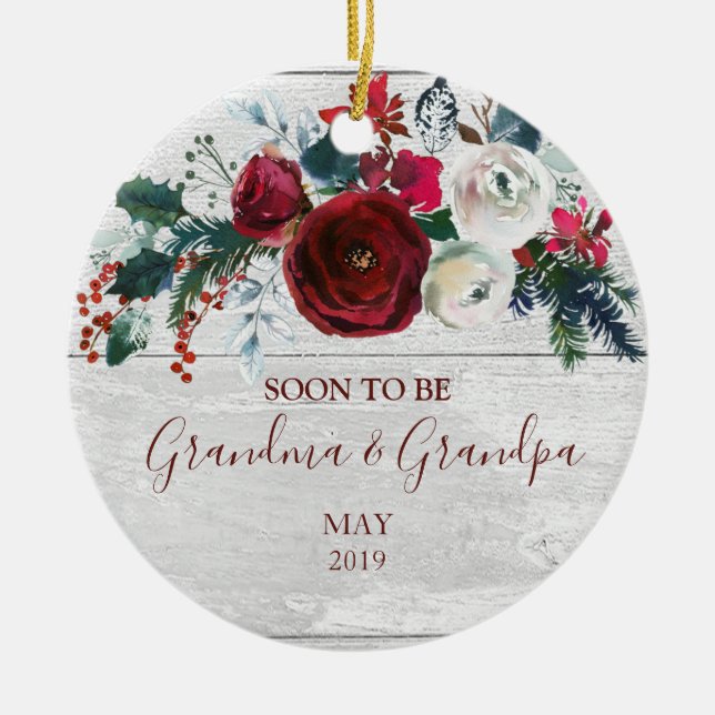 Country Wood Rustic Winter Floral New Grandparents Ceramic Ornament (Front)