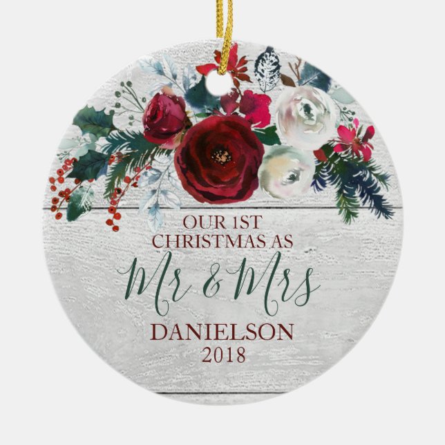 Country Wood Rustic Winter Floral Newlywed Married Ceramic Ornament (Front)