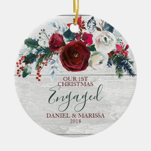 Country Wood Rustic Winter Florals Engaged Couple Ceramic Ornament