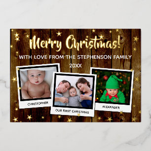 Country Wood Stars Merry Christmas Family 3 Photo Foil Holiday Card