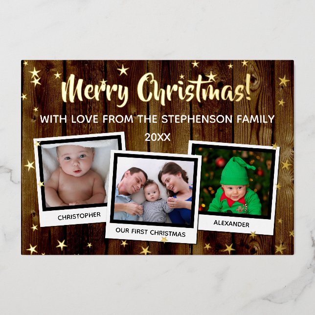Country Wood Stars Merry Christmas Family 3 Photo Foil Holiday Card (Front)