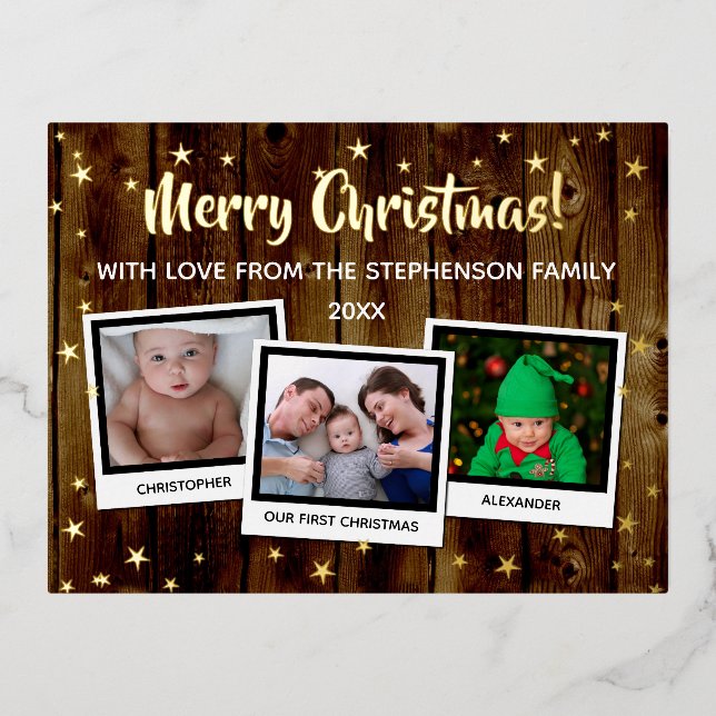 Country Wood Stars Merry Christmas Family 3 Photo Foil Holiday Postcard (Front)