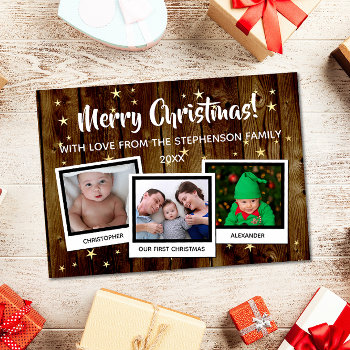 Country Wood Stars Merry Christmas Family 3 Photo Invitation by ChristmasCardShop at Zazzle